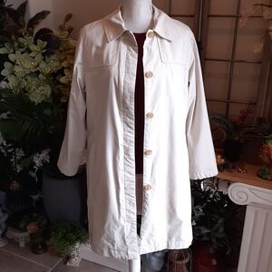 EDDIE BAUER Cream Cotton Blend 5 Button Front Lined Petit Trenchie Size Med